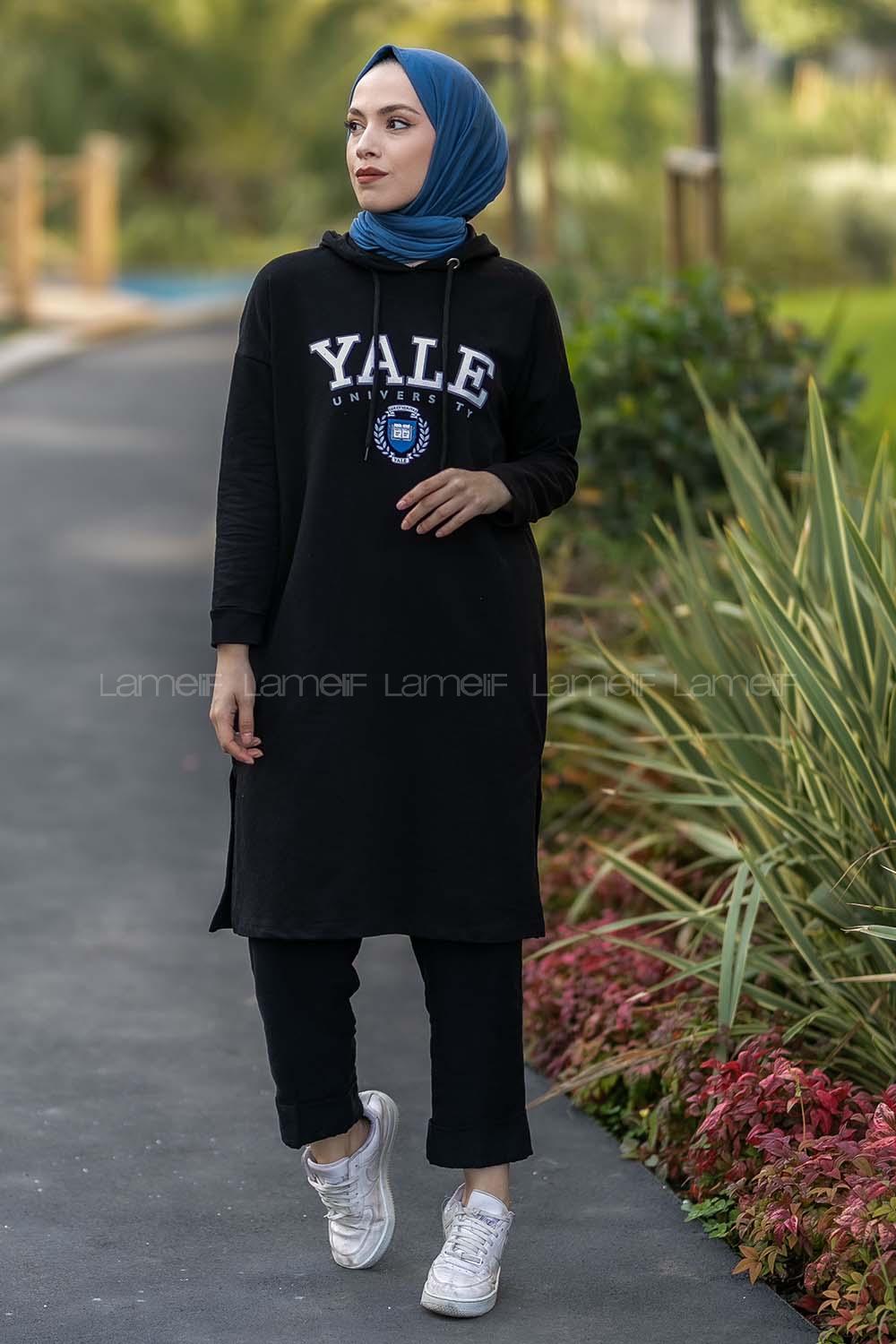 Modalamelif Kapüşonlu Yale Yazı Baskılı Yırtmaçlı Tunik Siyah