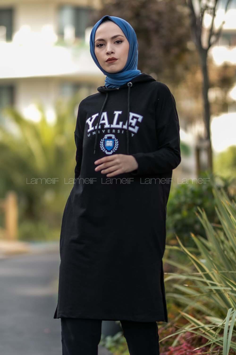 Modalamelif Kapüşonlu Yale Yazı Baskılı Yırtmaçlı Tunik Siyah