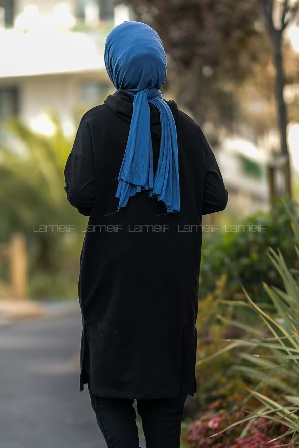 Modalamelif Kapüşonlu Yale Yazı Baskılı Yırtmaçlı Tunik Siyah