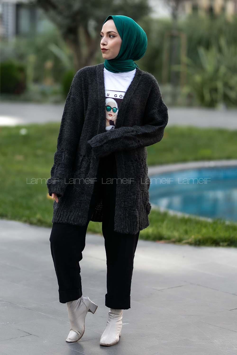 Modalamelif  Kol Ve Sırt Detaylı Triko Hırka Antrasit