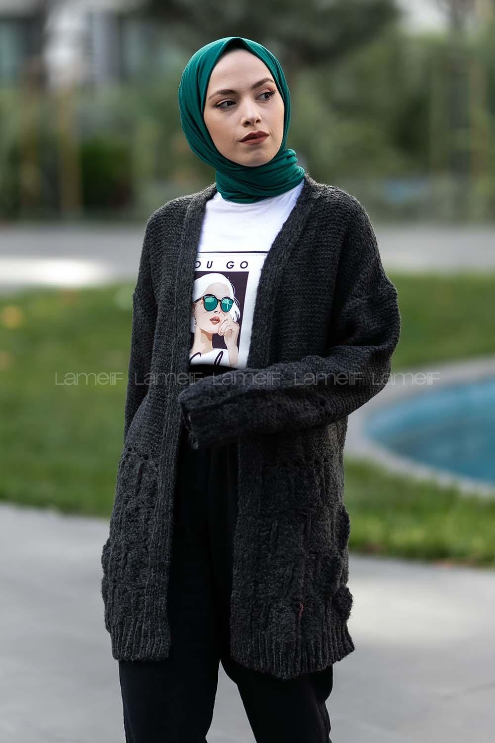 Modalamelif  Kol Ve Sırt Detaylı Triko Hırka Antrasit