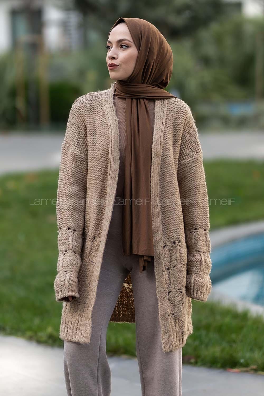 Modalamelif  Kol Ve Sırt Detaylı Triko Hırka Bej