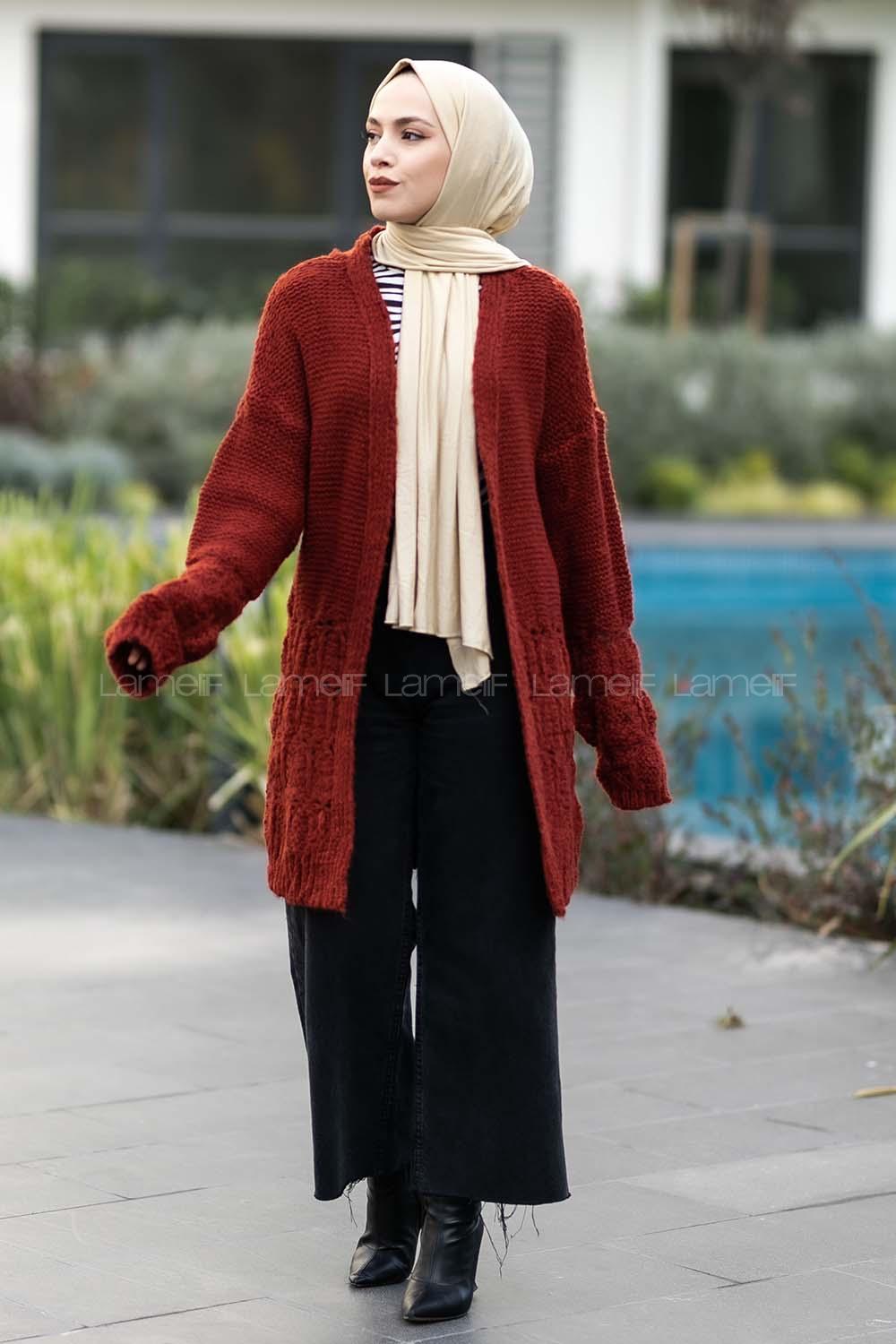 Modalamelif  Kol Ve Sırt Detaylı Triko Hırka Kiremit