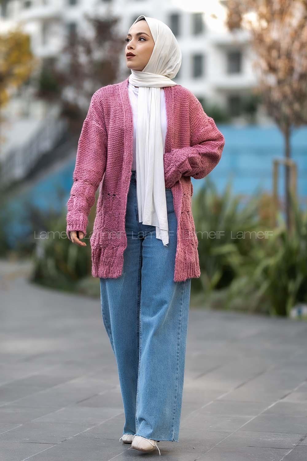 Modalamelif  Kol Ve Sırt Detaylı Triko Hırka Pembe