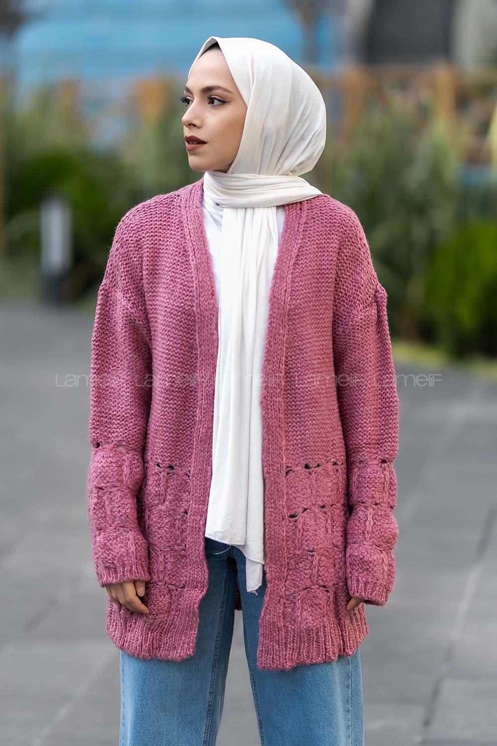 Modalamelif  Kol Ve Sırt Detaylı Triko Hırka Pembe