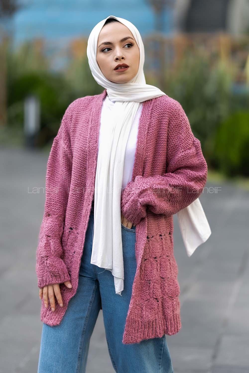 Modalamelif  Kol Ve Sırt Detaylı Triko Hırka Pembe