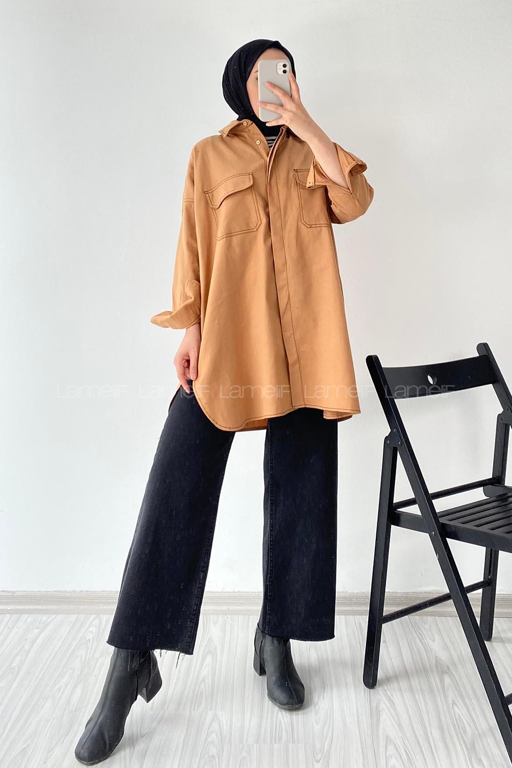 Modalamelif Önü Boydan Düğmeli Çift Kapak Cepli Dikiş Detaylı Gömlek Bej
