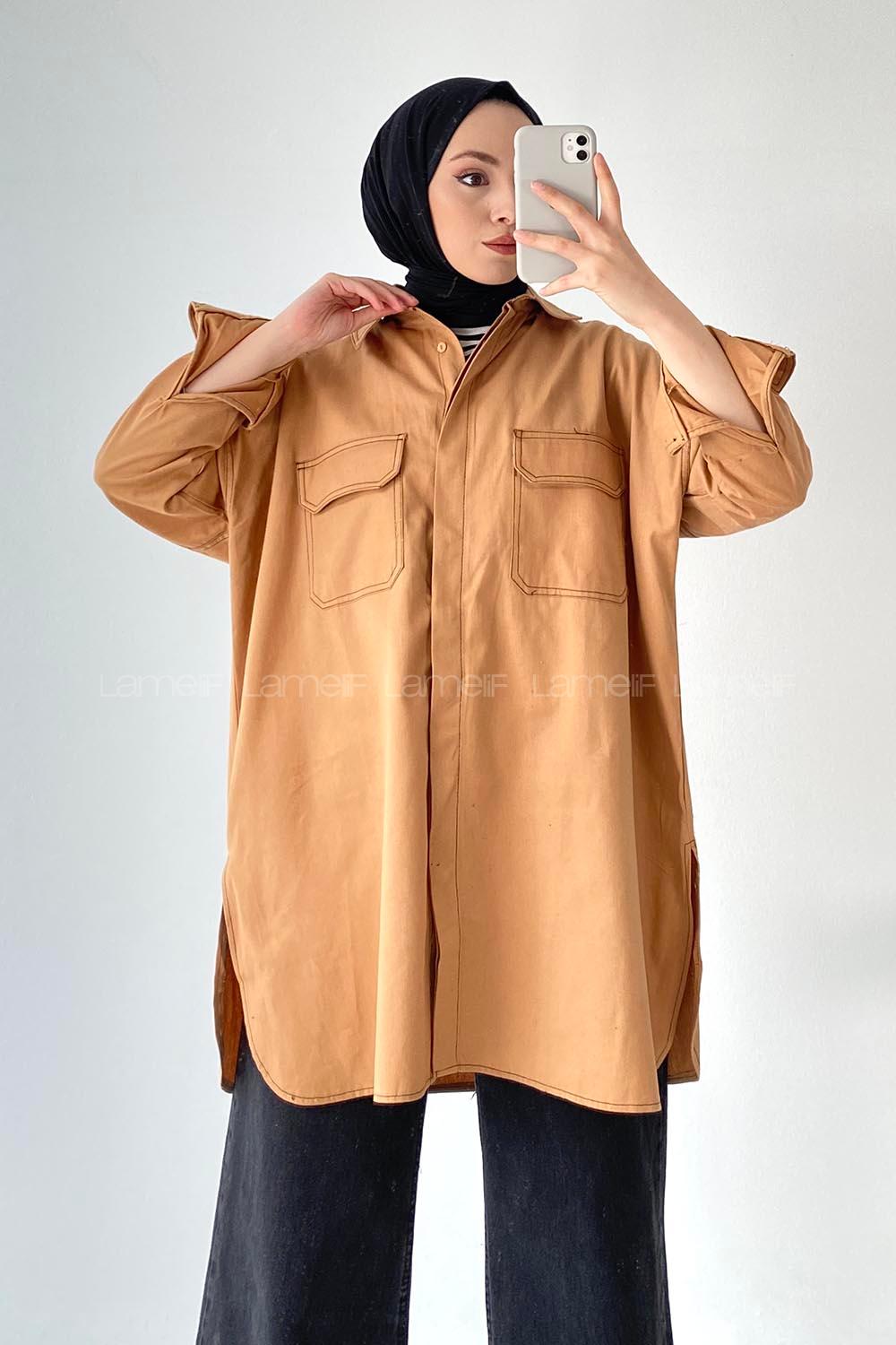Modalamelif Önü Boydan Düğmeli Çift Kapak Cepli Dikiş Detaylı Gömlek Bej