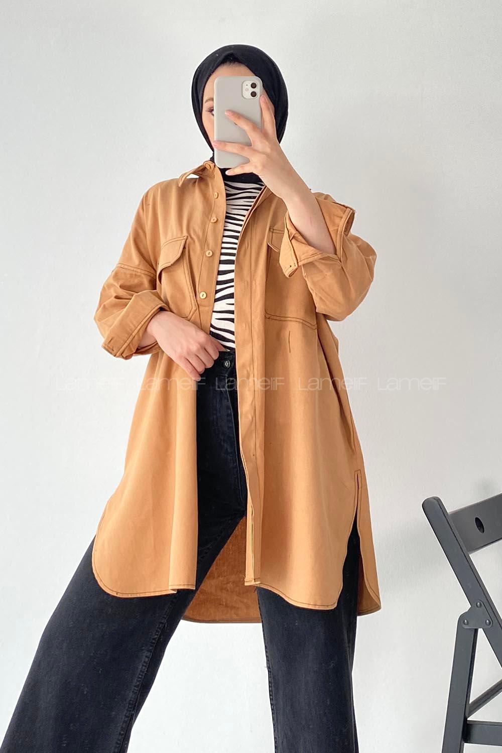 Modalamelif Önü Boydan Düğmeli Çift Kapak Cepli Dikiş Detaylı Gömlek Bej