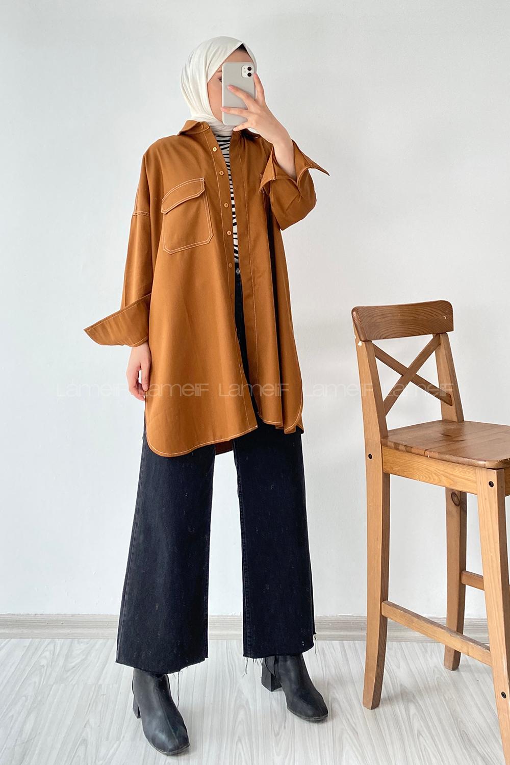 Modalamelif Önü Boydan Düğmeli Çift Kapak Cepli Dikiş Detaylı Gömlek Camel