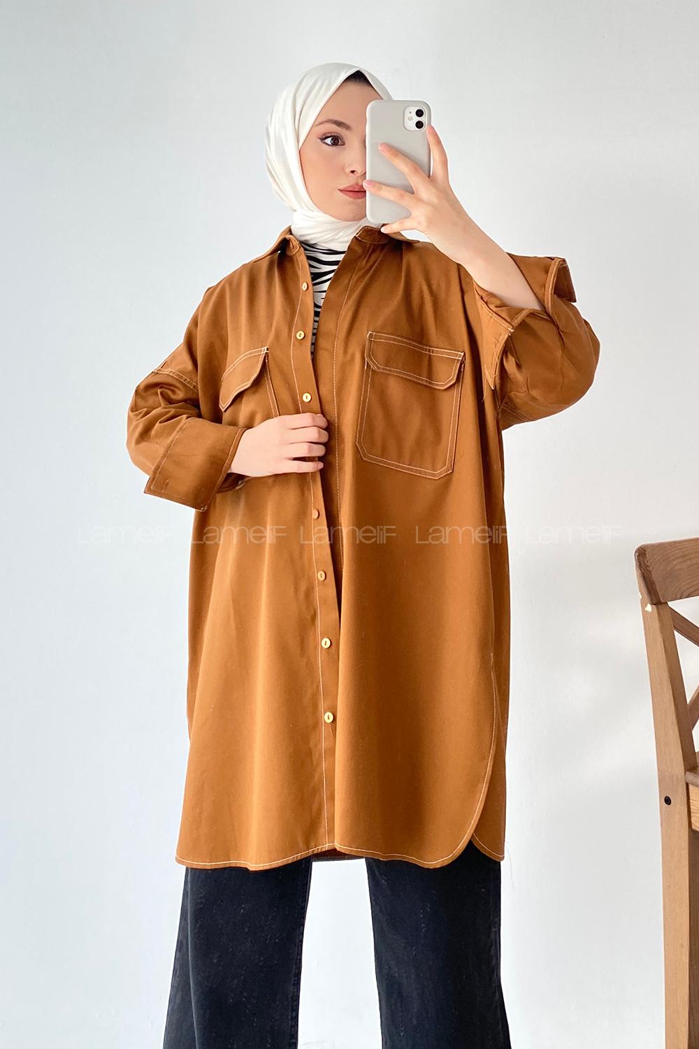 Modalamelif Önü Boydan Düğmeli Çift Kapak Cepli Dikiş Detaylı Gömlek Camel
