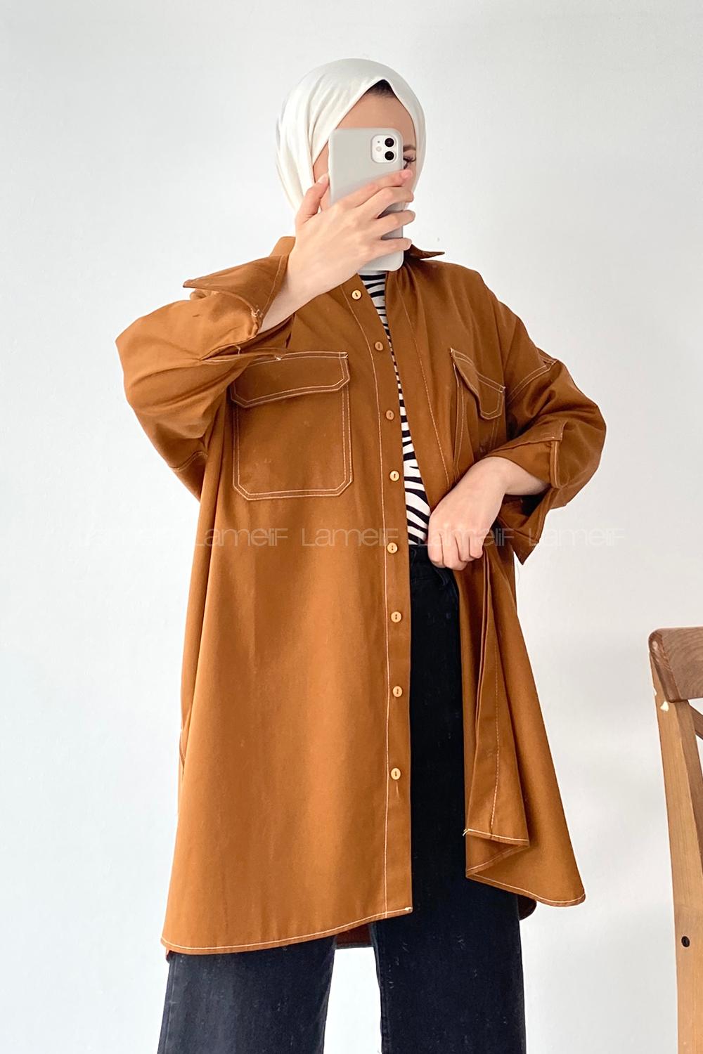Modalamelif Önü Boydan Düğmeli Çift Kapak Cepli Dikiş Detaylı Gömlek Camel