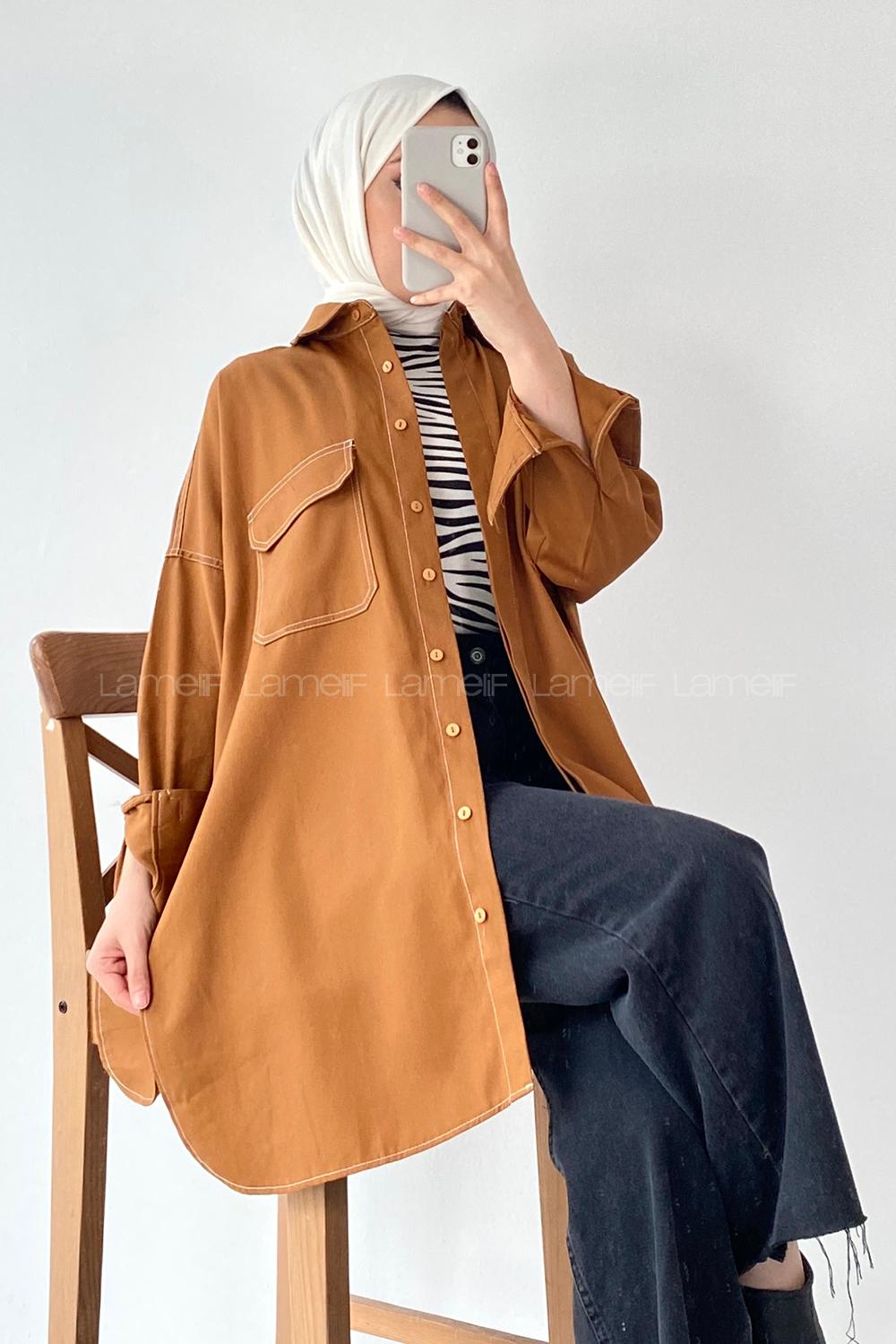 Modalamelif Önü Boydan Düğmeli Çift Kapak Cepli Dikiş Detaylı Gömlek Camel