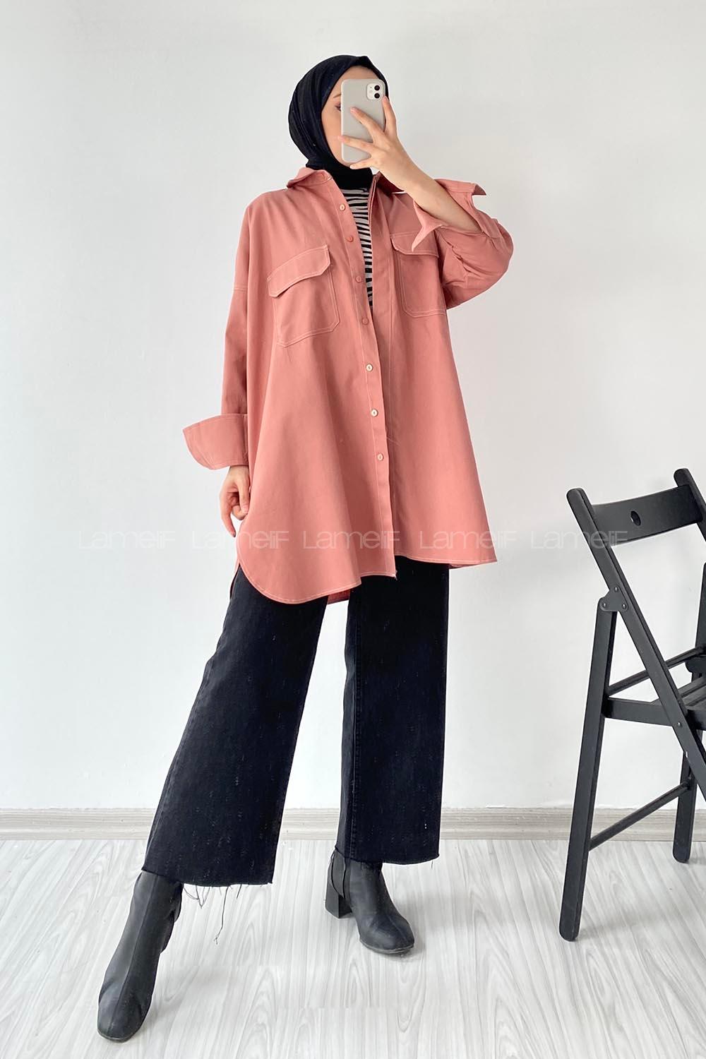 Modalamelif Önü Boydan Düğmeli Çift Kapak Cepli Dikiş Detaylı Gömlek Gül