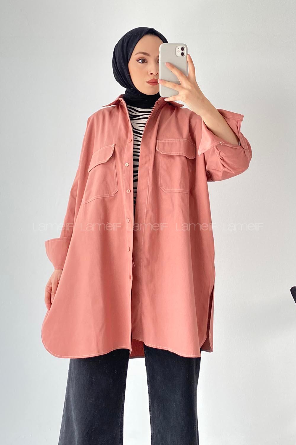 Modalamelif Önü Boydan Düğmeli Çift Kapak Cepli Dikiş Detaylı Gömlek Gül