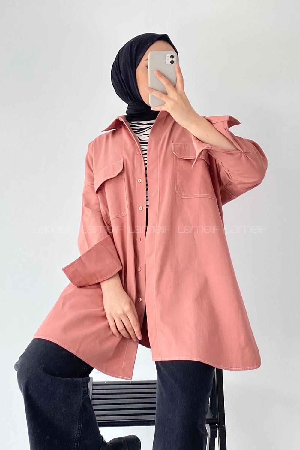 Modalamelif Önü Boydan Düğmeli Çift Kapak Cepli Dikiş Detaylı Gömlek Gül