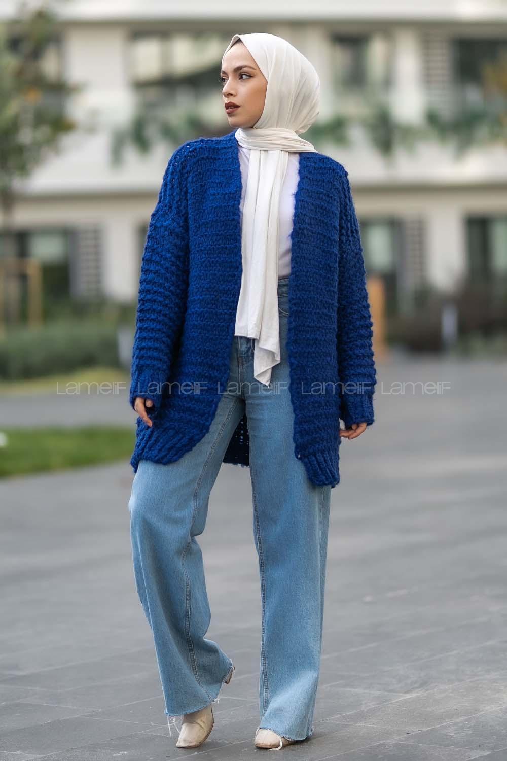 Modalamelif Örgü Detaylı Triko Hırka İndigo