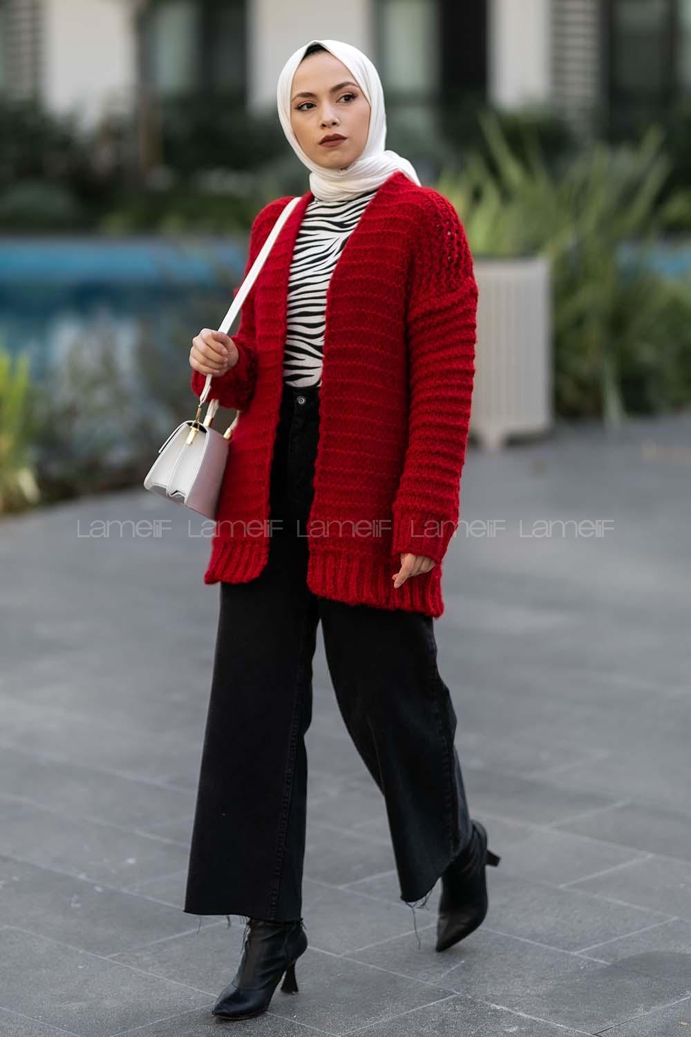 Modalamelif Örgü Detaylı Triko Hırka Kırmızı