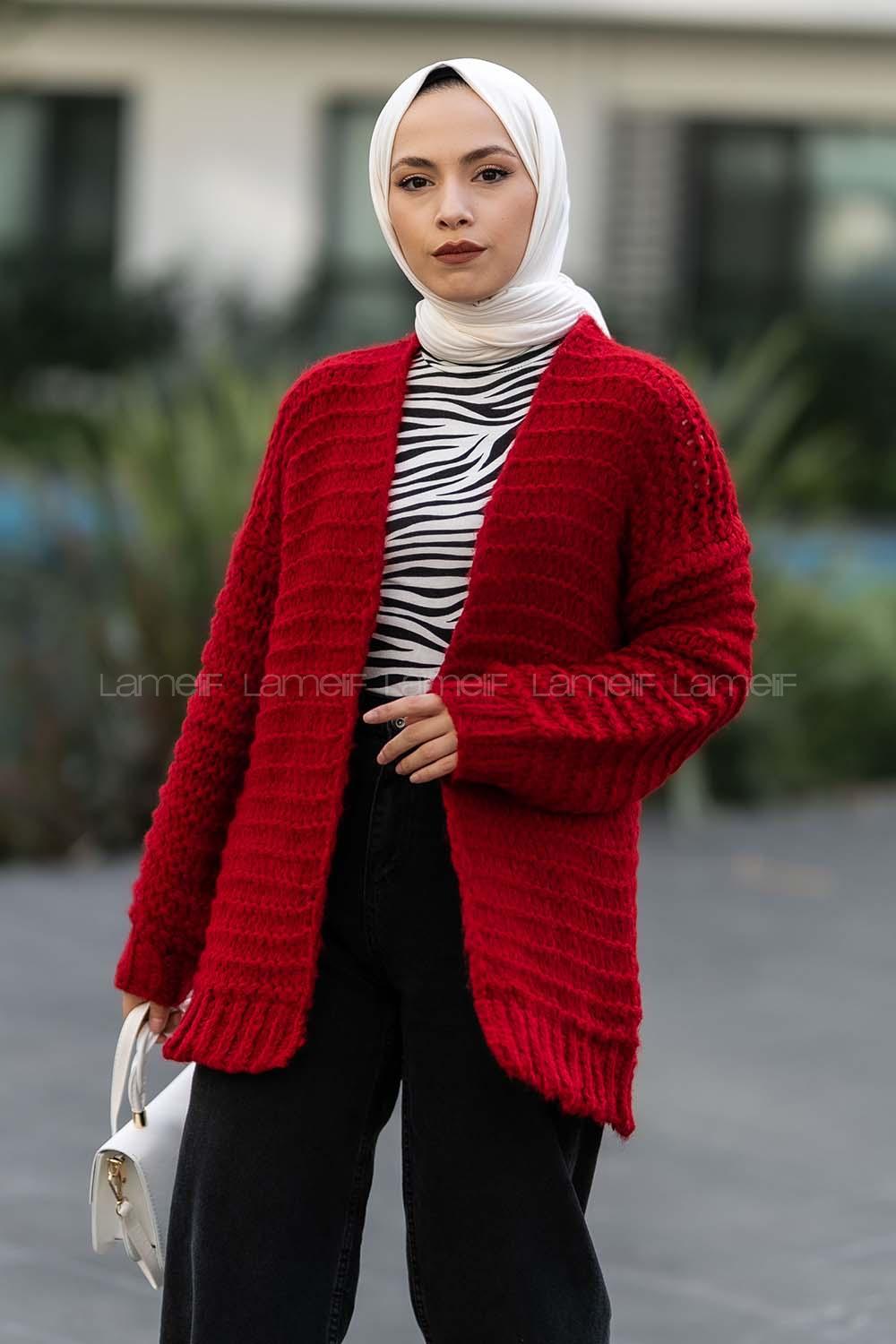 Modalamelif Örgü Detaylı Triko Hırka Kırmızı