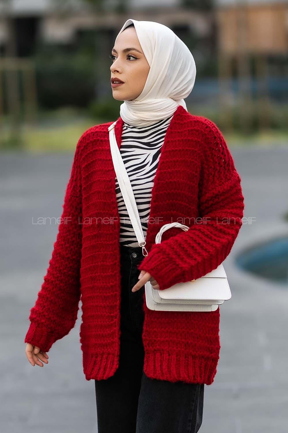 Modalamelif Örgü Detaylı Triko Hırka Kırmızı