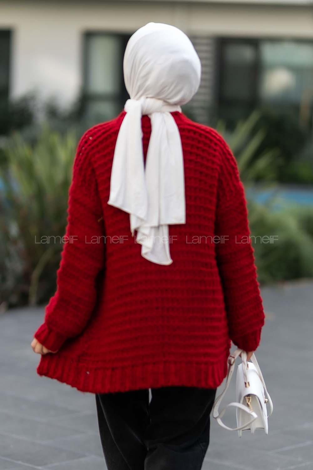 Modalamelif Örgü Detaylı Triko Hırka Kırmızı