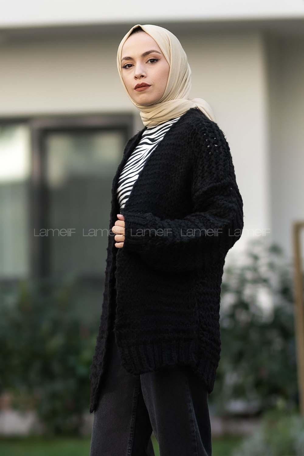 Modalamelif Örgü Detaylı Triko Hırka Siyah