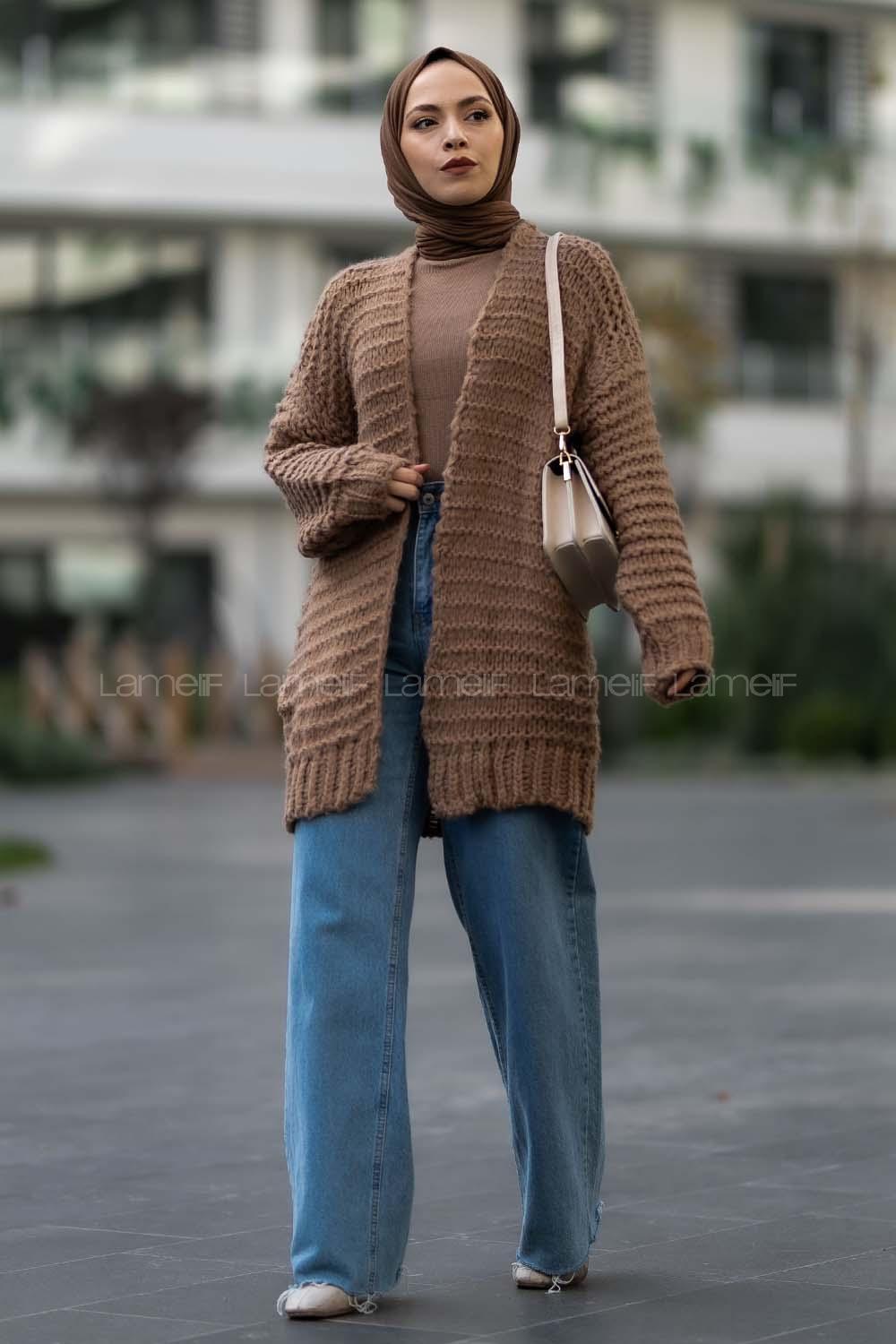 Modalamelif Örgü Detaylı Triko Hırka Sütlükahve