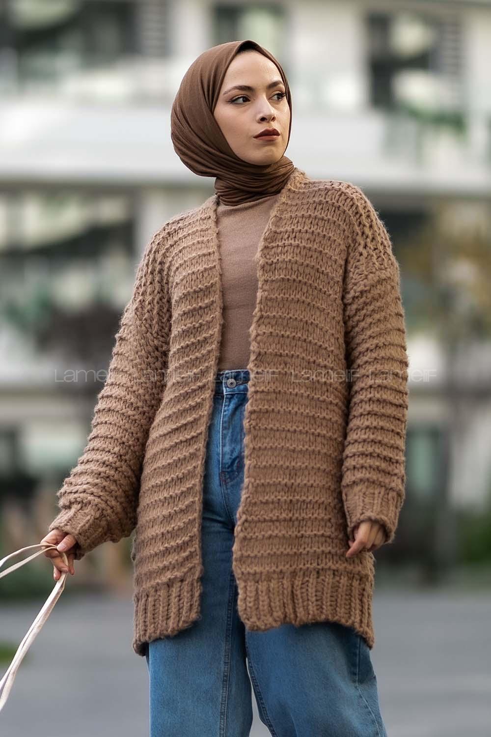 Modalamelif Örgü Detaylı Triko Hırka Sütlükahve