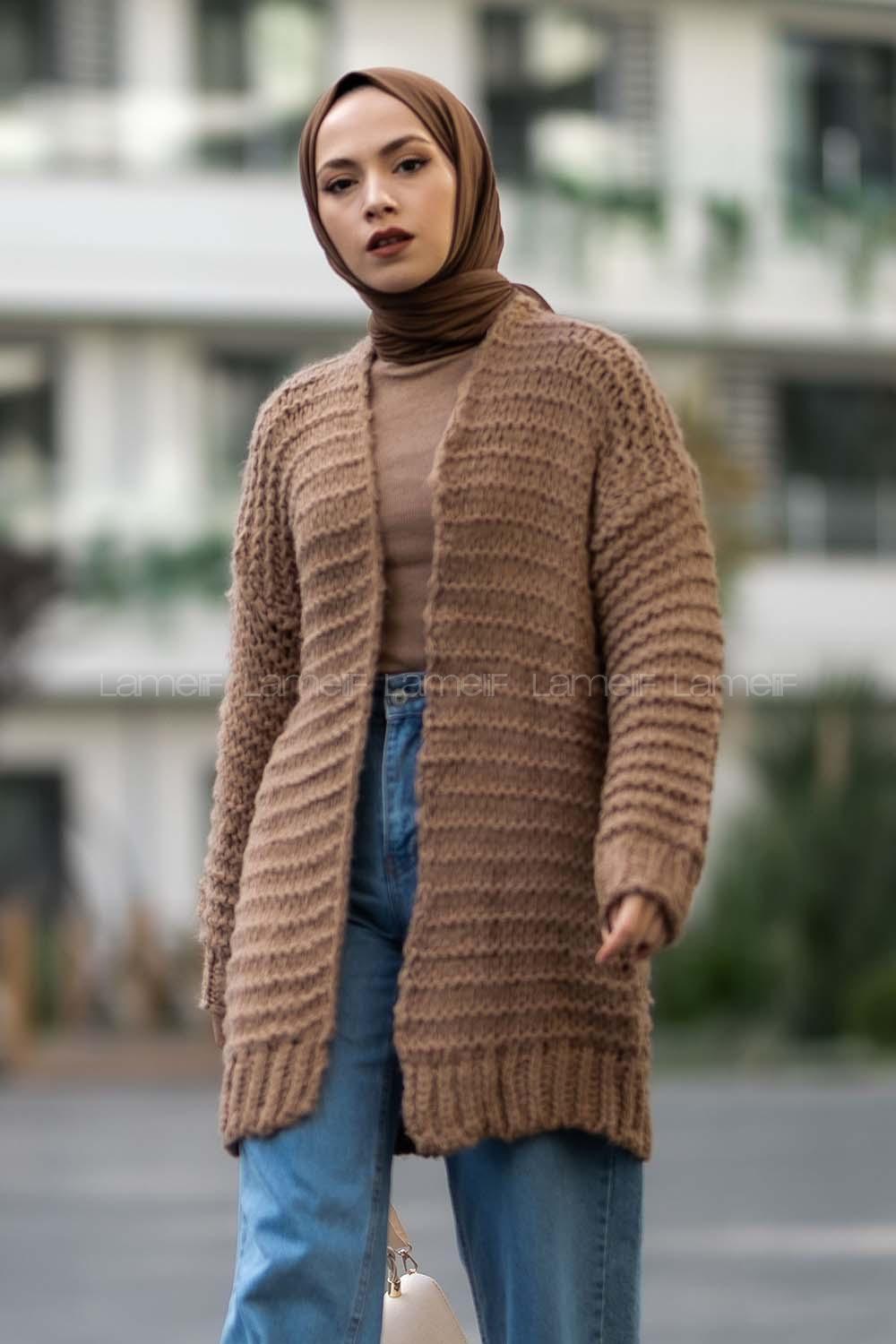 Modalamelif Örgü Detaylı Triko Hırka Sütlükahve