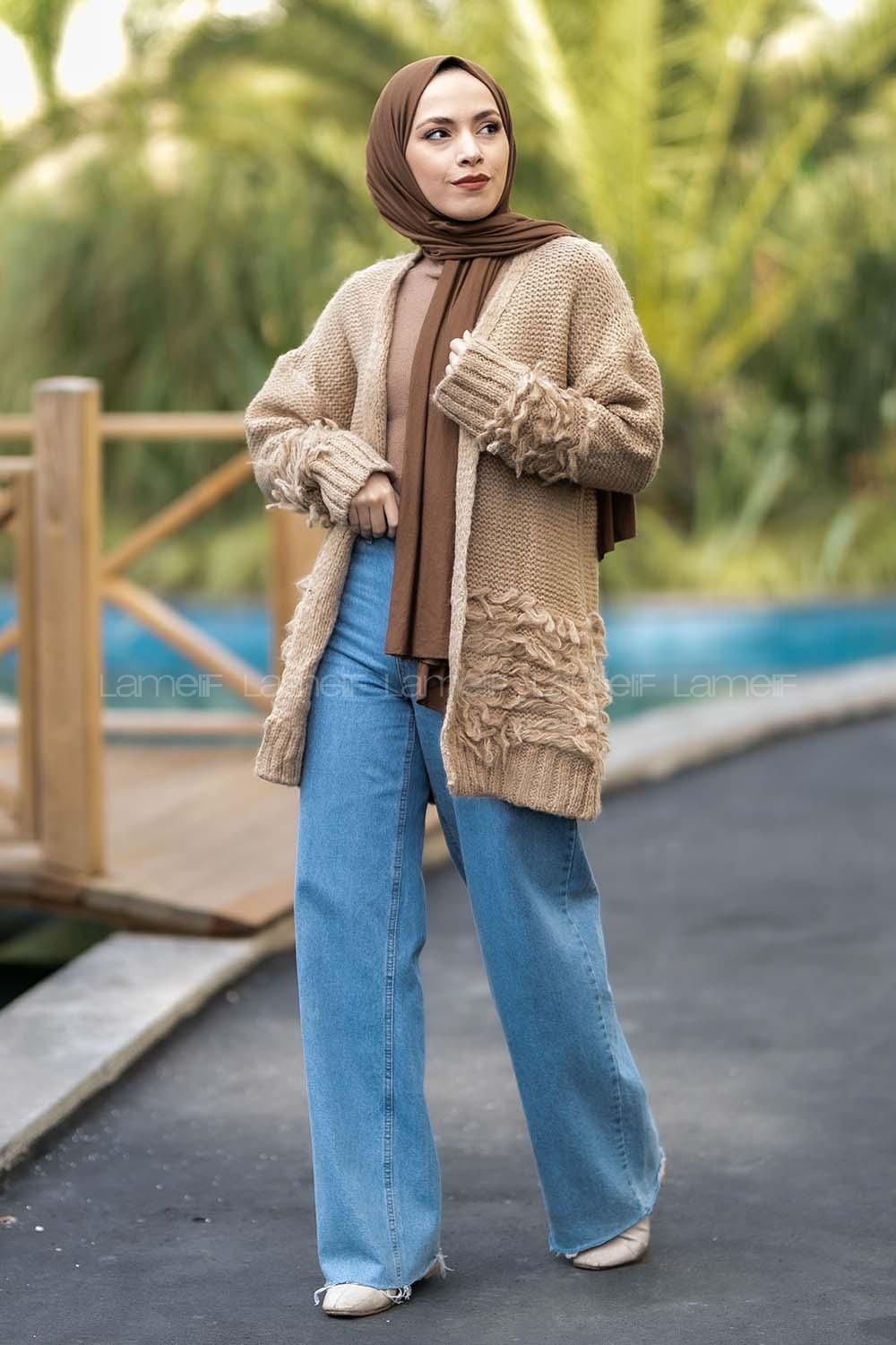 Modalamelif Saçaklı Kol Detaylı Triko Hırka Bej