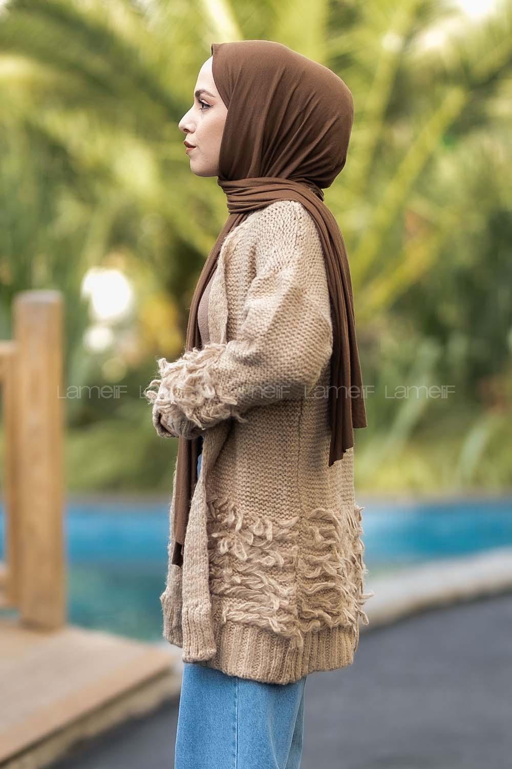 Modalamelif Saçaklı Kol Detaylı Triko Hırka Bej