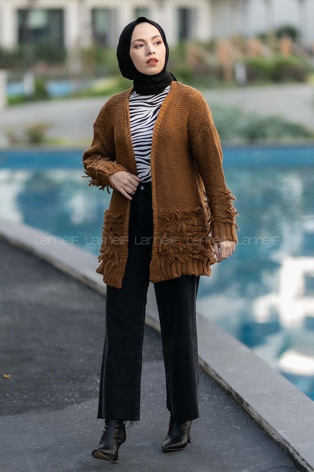 Modalamelif Saçaklı Kol Detaylı Triko Hırka Camel