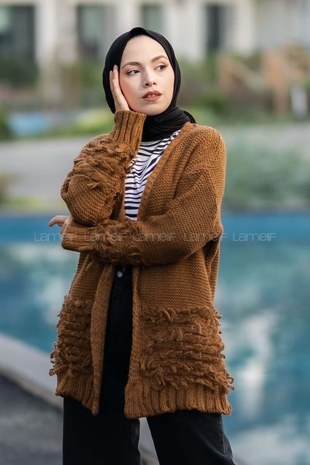 Modalamelif Saçaklı Kol Detaylı Triko Hırka Camel