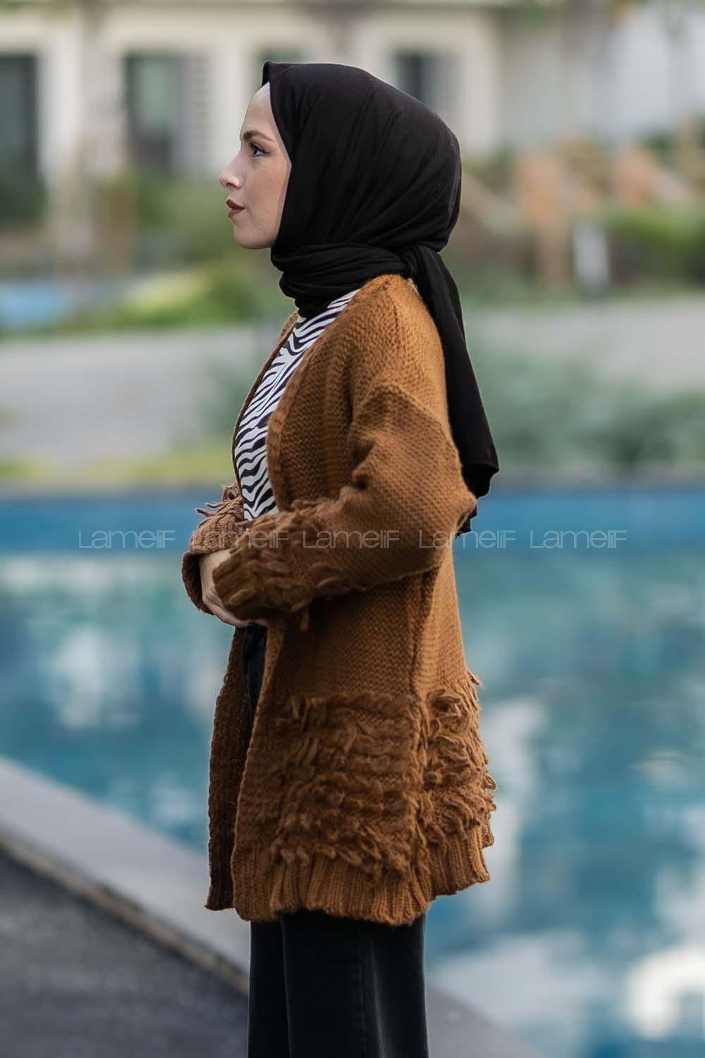 Modalamelif Saçaklı Kol Detaylı Triko Hırka Camel