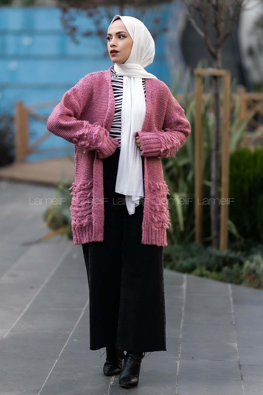 Modalamelif Saçaklı Kol Detaylı Triko Hırka Pembe