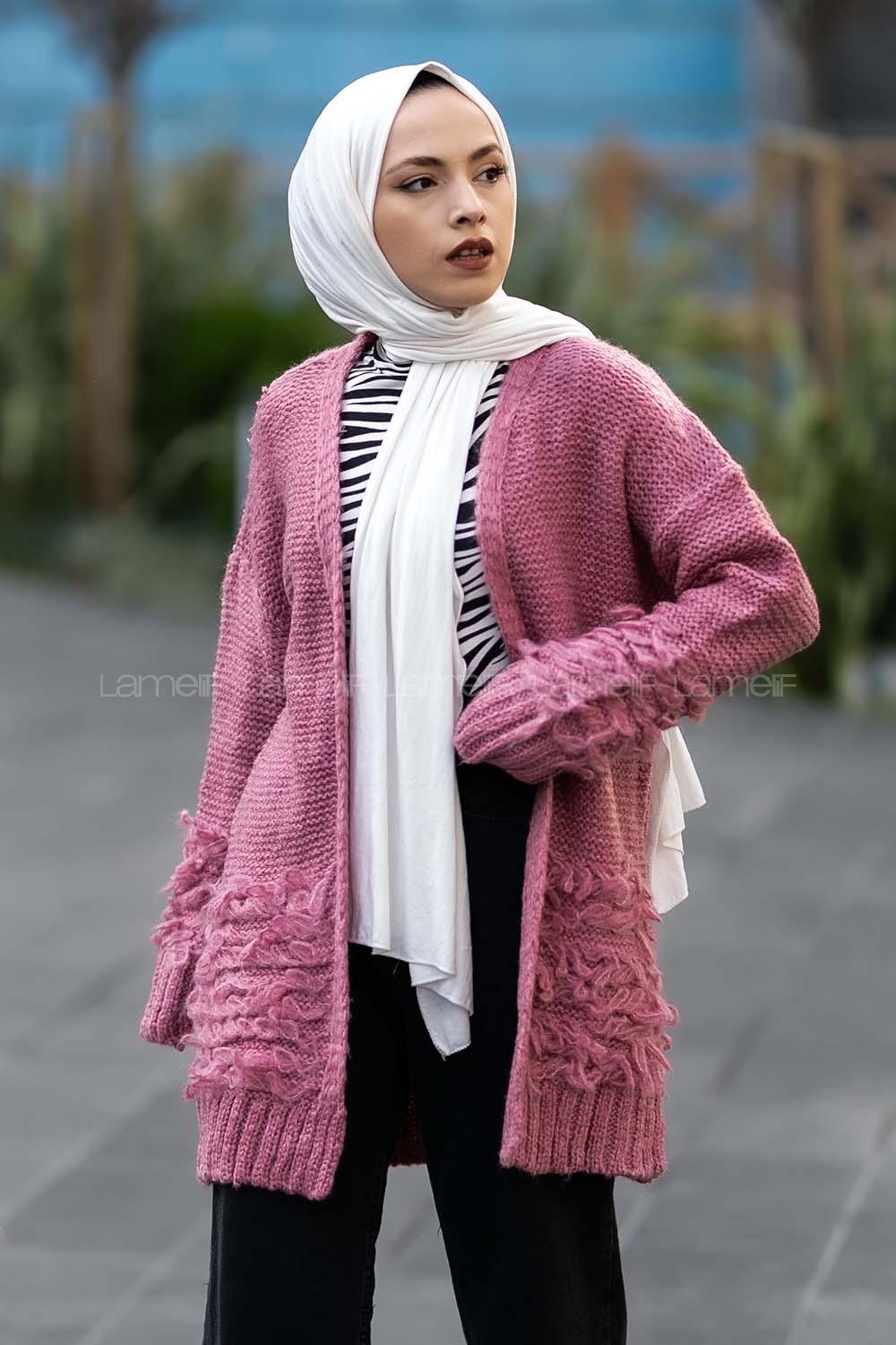 Modalamelif Saçaklı Kol Detaylı Triko Hırka Pembe