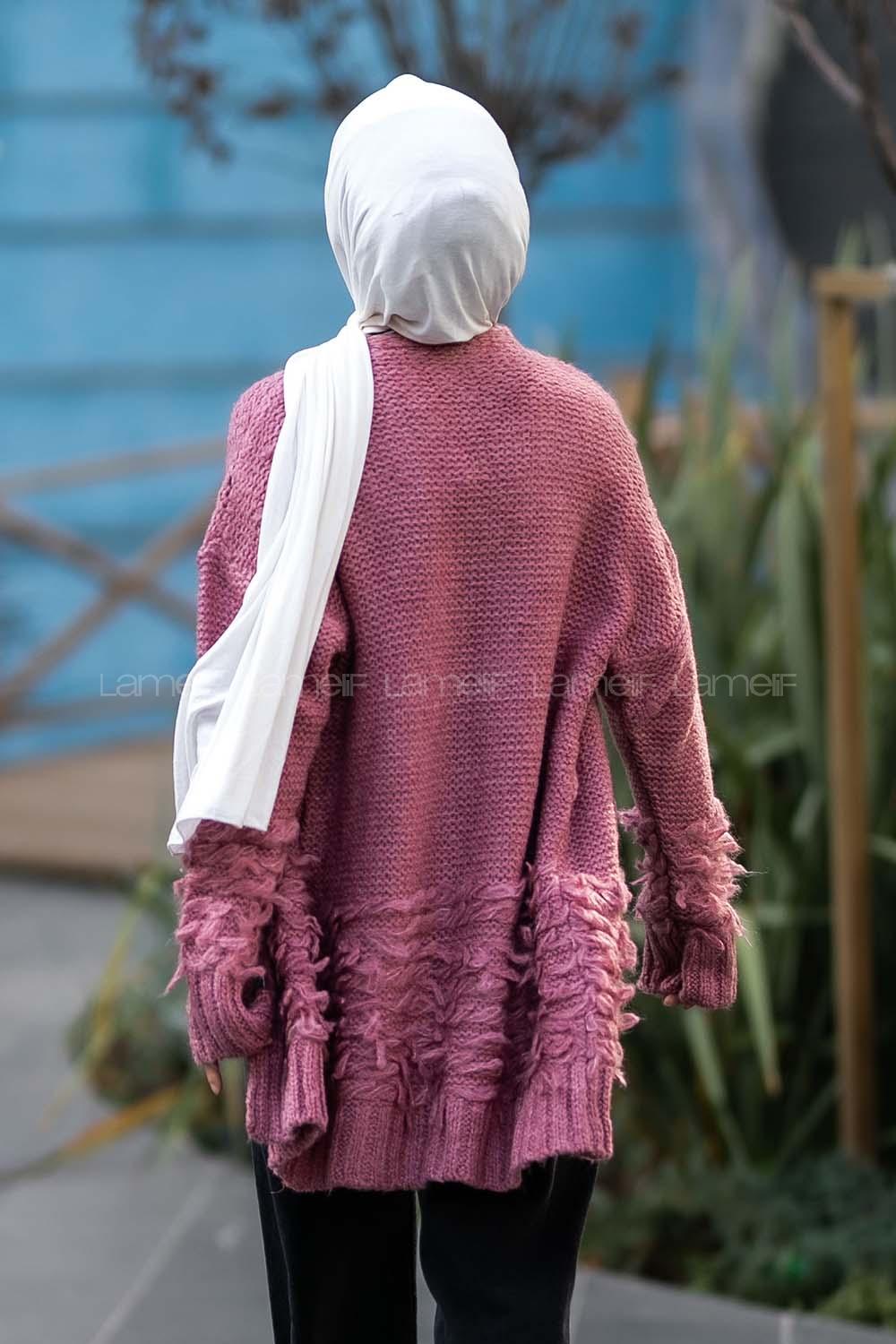 Modalamelif Saçaklı Kol Detaylı Triko Hırka Pembe