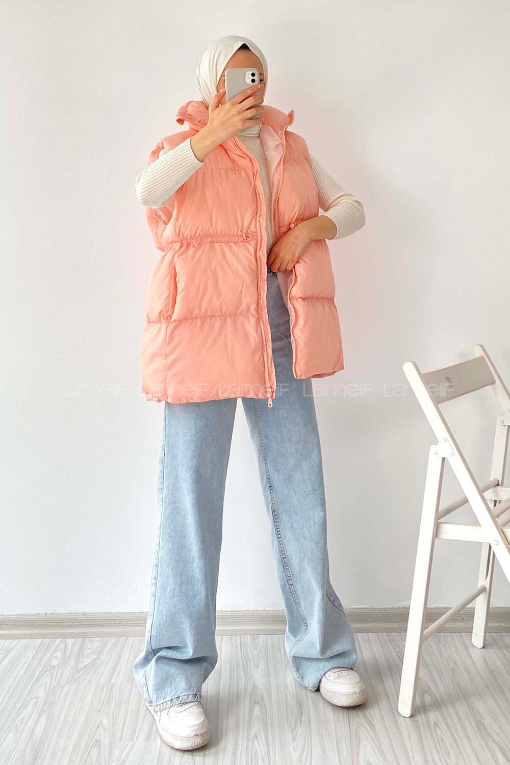 Modalamelif Yarım Balıkçı Yaka Çift Cepli Şişme Yelek Pudra