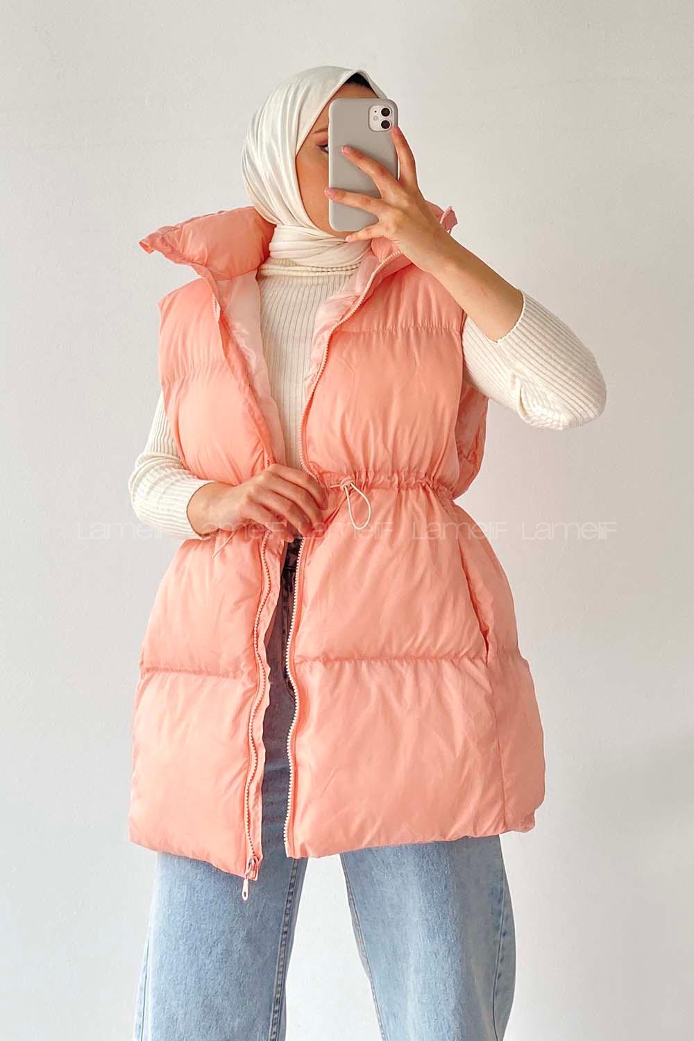 Modalamelif Yarım Balıkçı Yaka Çift Cepli Şişme Yelek Pudra