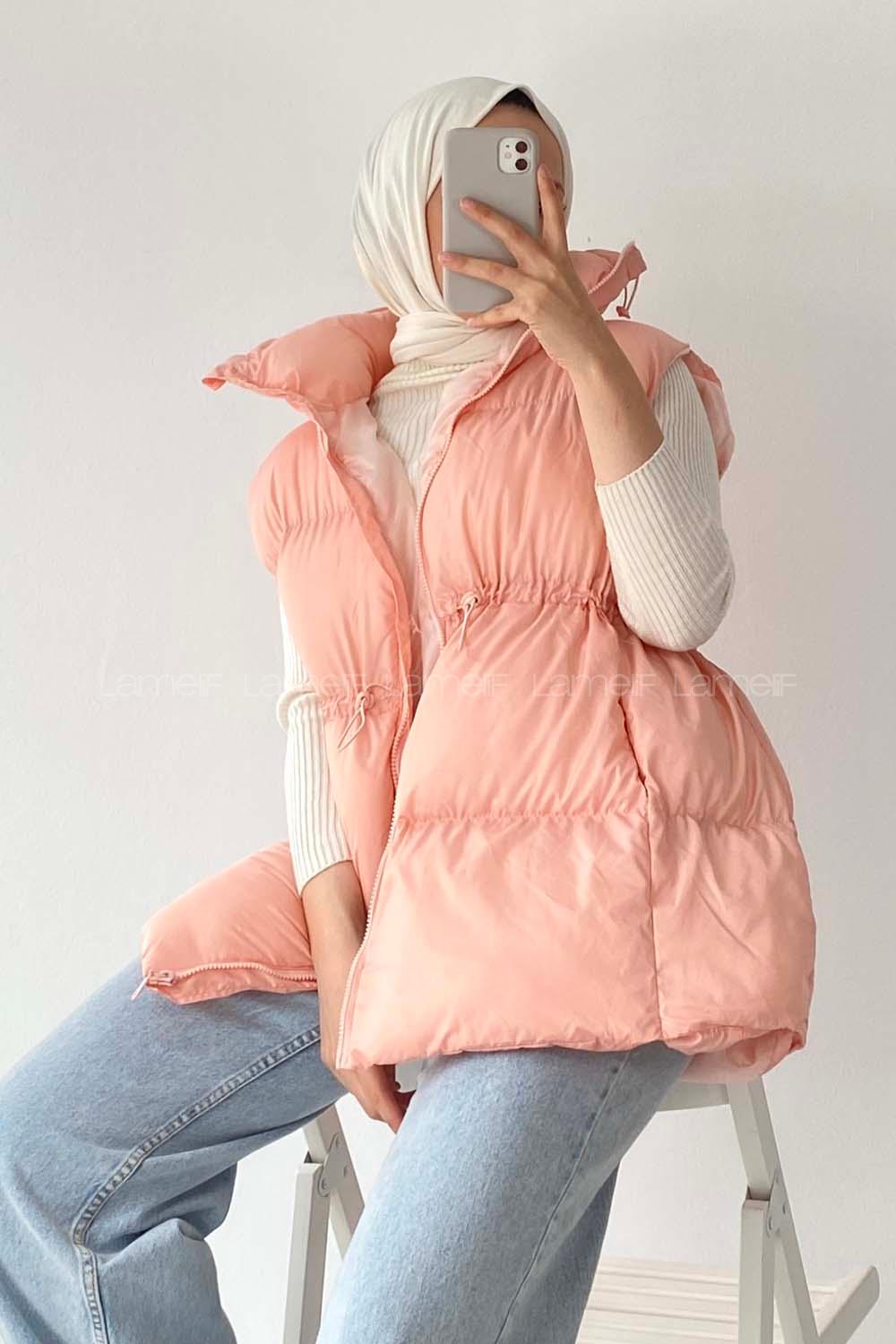 Modalamelif Yarım Balıkçı Yaka Çift Cepli Şişme Yelek Pudra