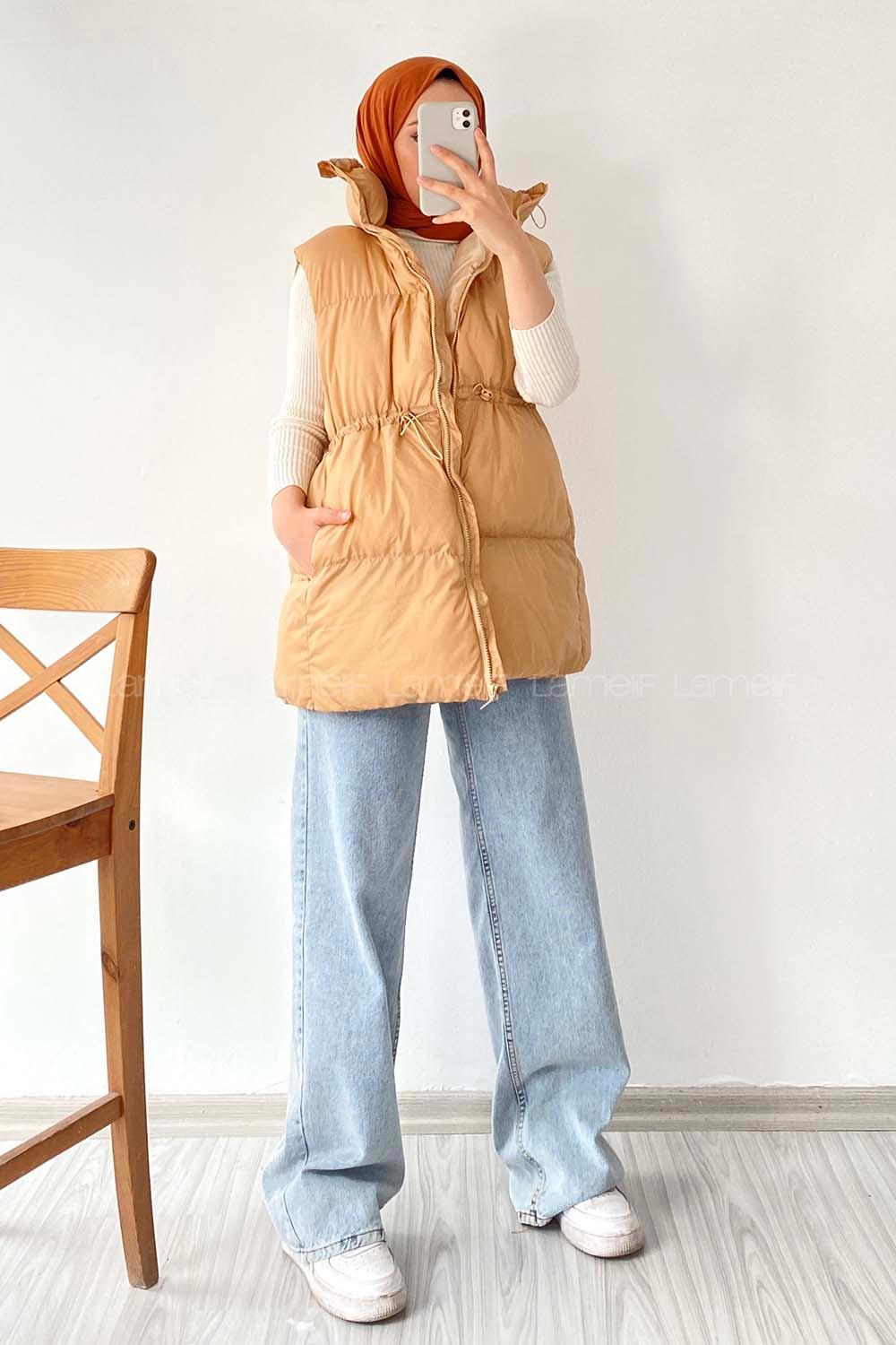 Modalamelif Yarım Balıkçı Yaka Çift Cepli Şişme Yelek Sütlükahve