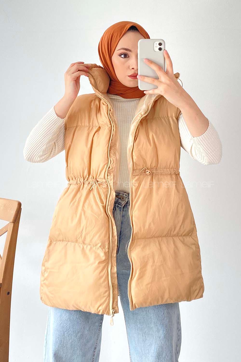 Modalamelif Yarım Balıkçı Yaka Çift Cepli Şişme Yelek Sütlükahve