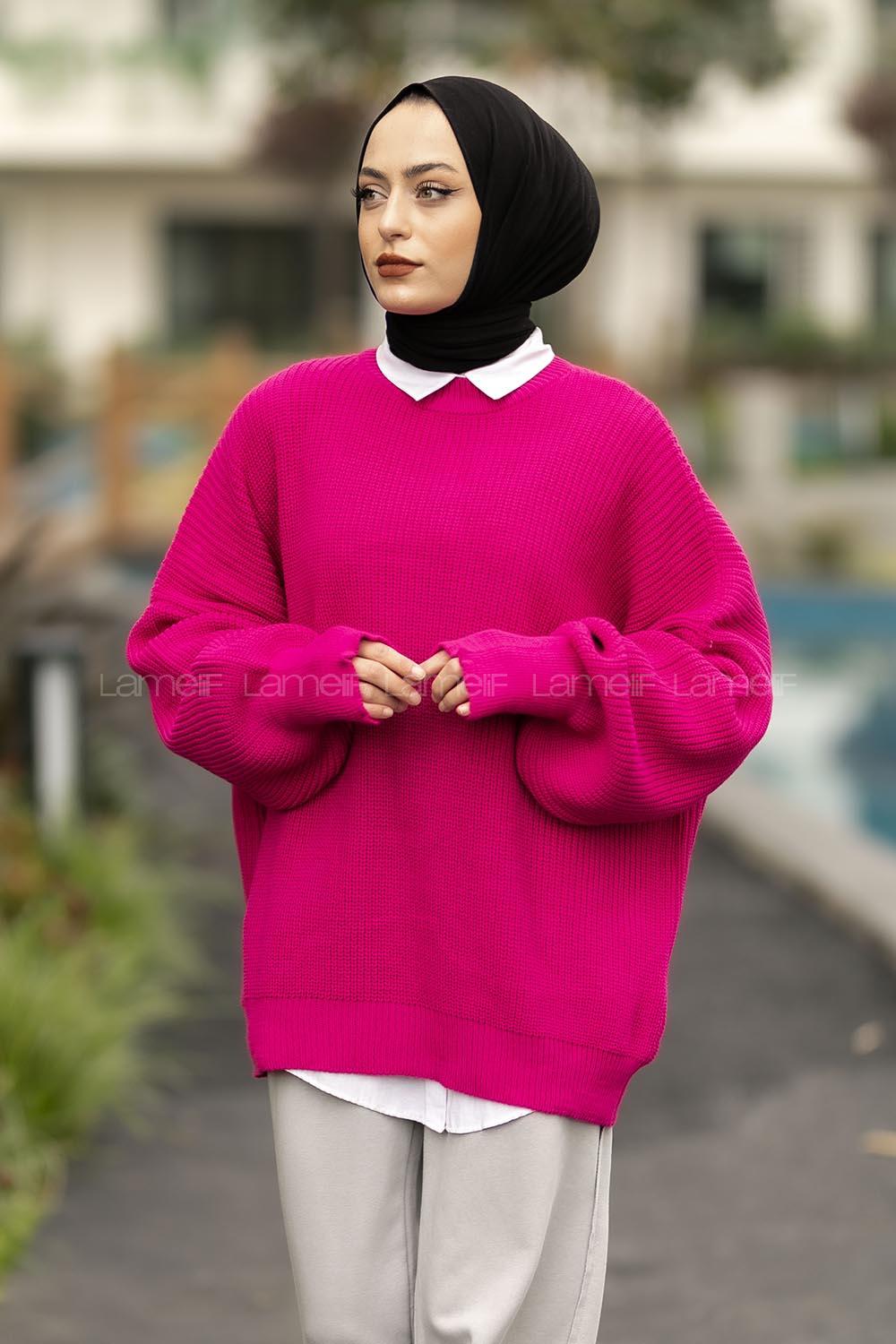 Modalamelif Balon Kol Düz Basic Kazak Fuşya