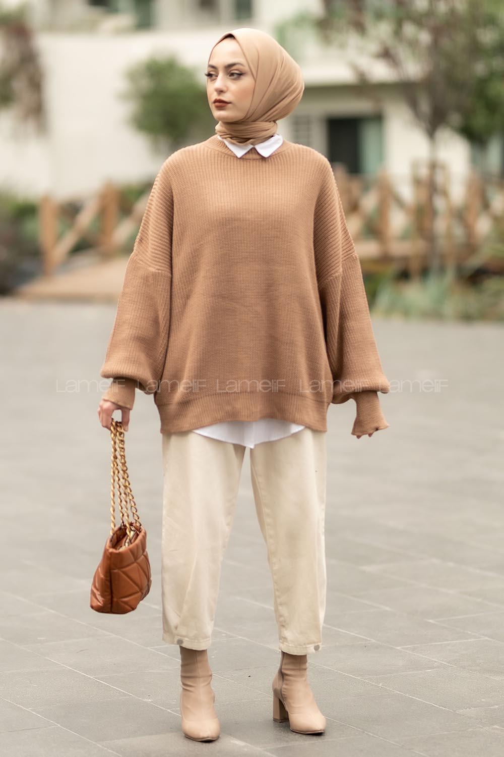 Modalamelif Balon Kol Düz Basic Kazak Karamel