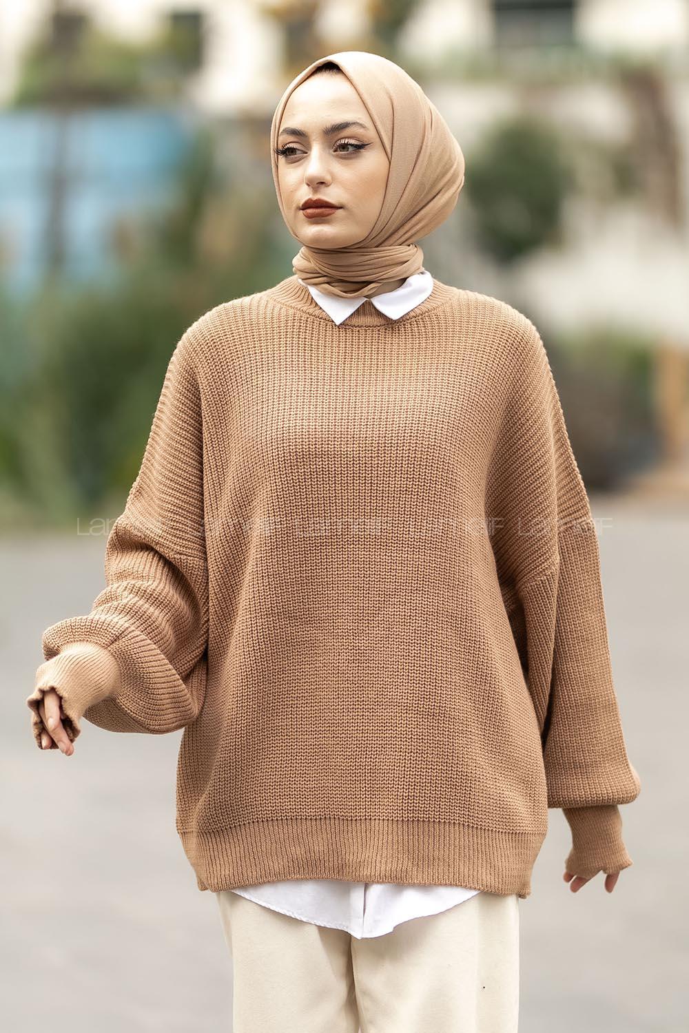 Modalamelif Balon Kol Düz Basic Kazak Karamel