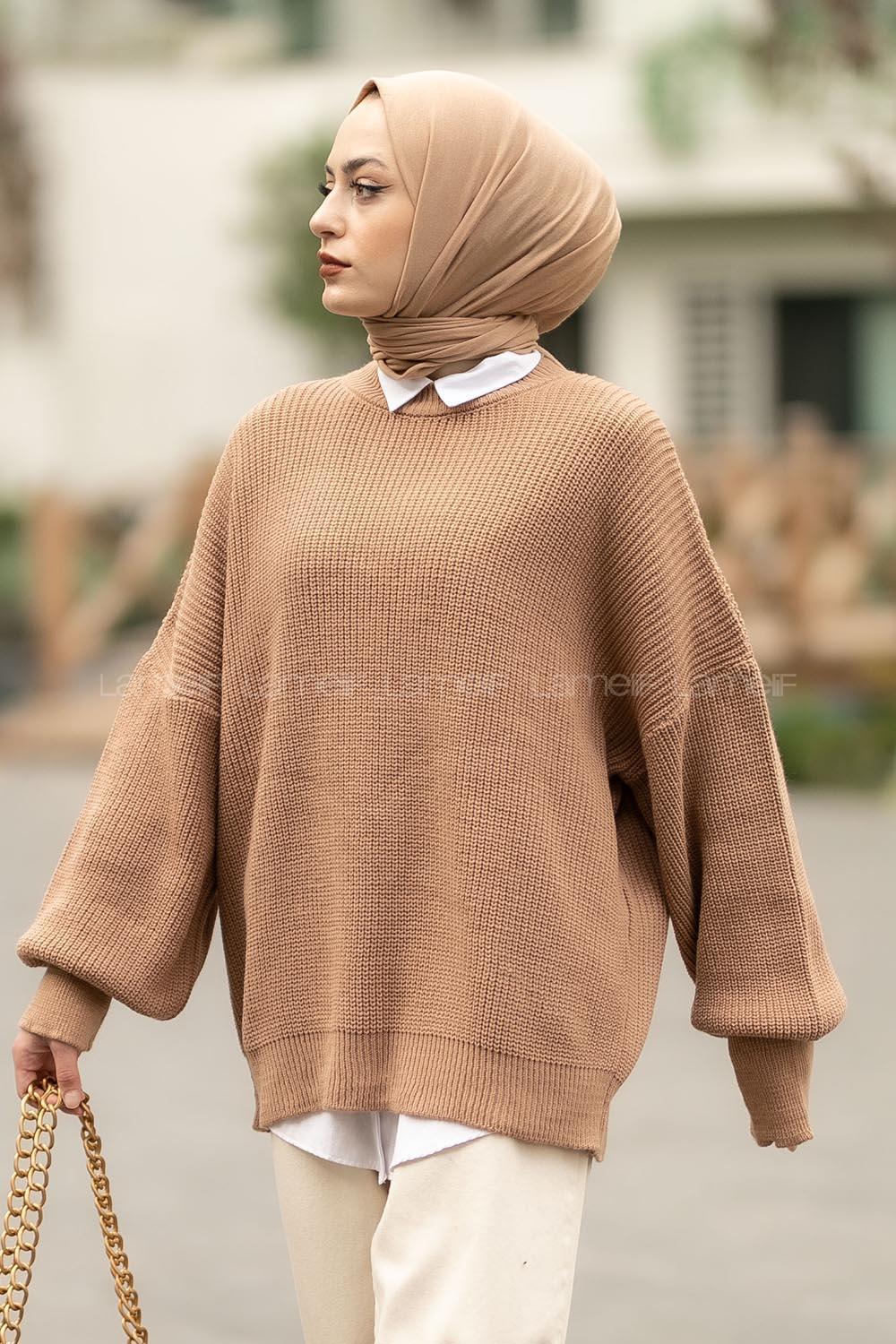 Modalamelif Balon Kol Düz Basic Kazak Karamel