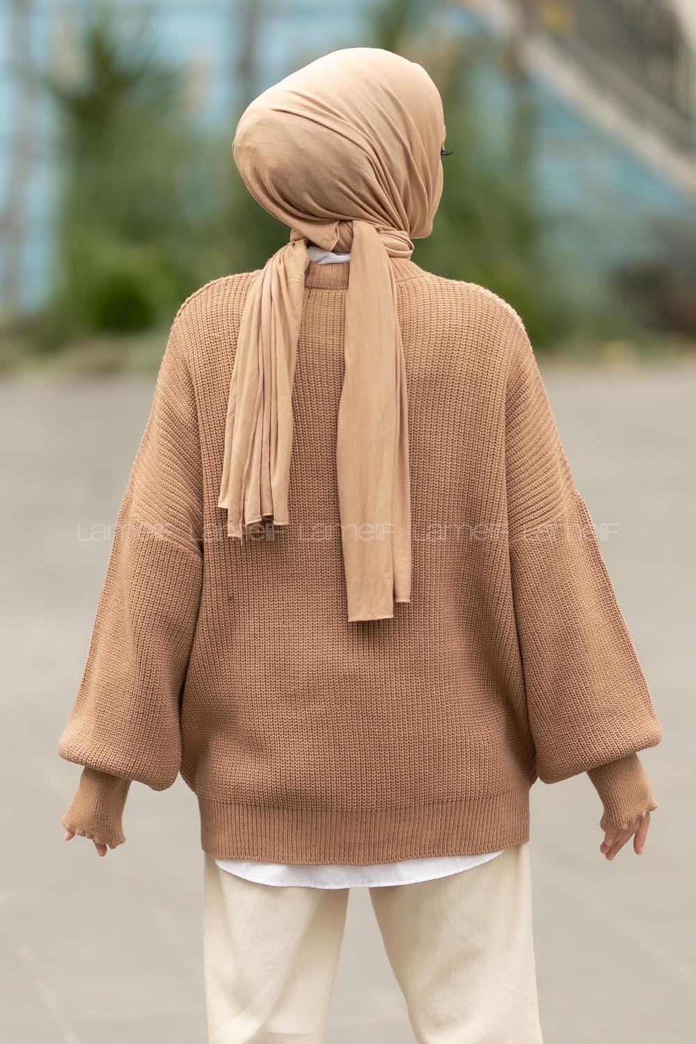 Modalamelif Balon Kol Düz Basic Kazak Karamel