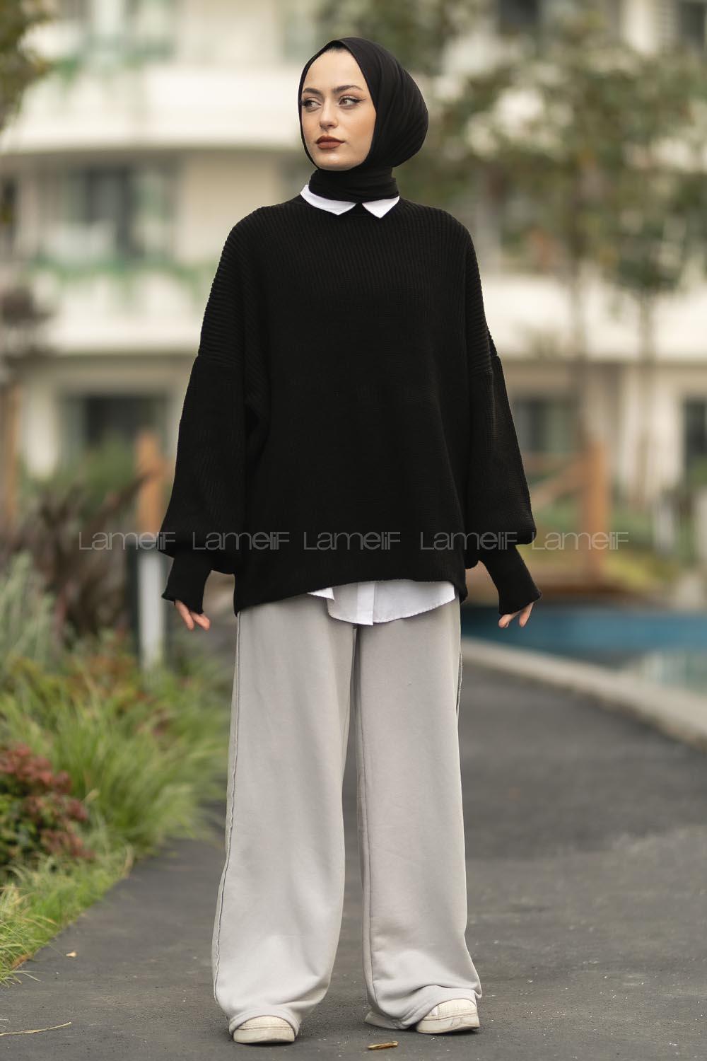 Modalamelif Balon Kol Düz Basic Kazak Siyah