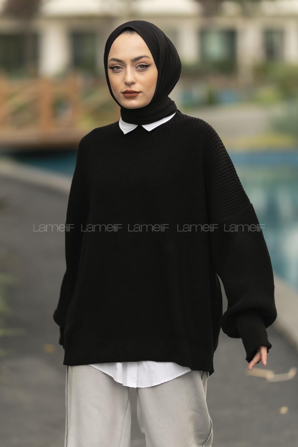 Modalamelif Balon Kol Düz Basic Kazak Siyah