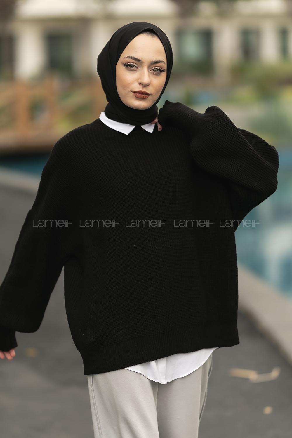 Modalamelif Balon Kol Düz Basic Kazak Siyah